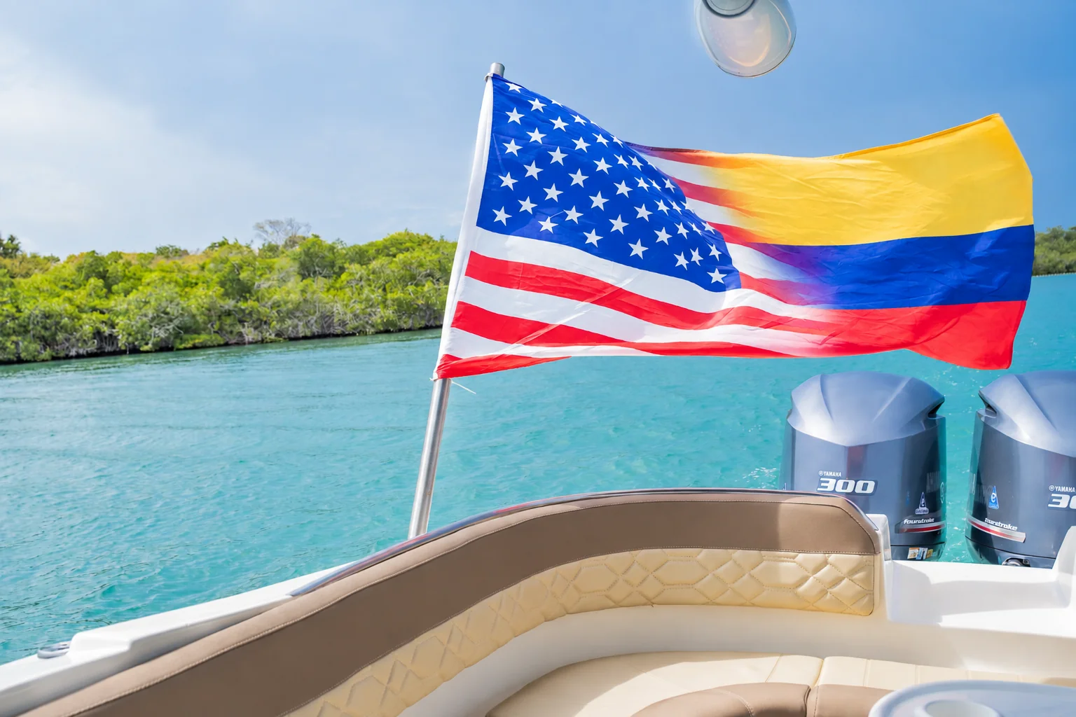Colombian and American flags aboard the ORCHID boat in Cartagena